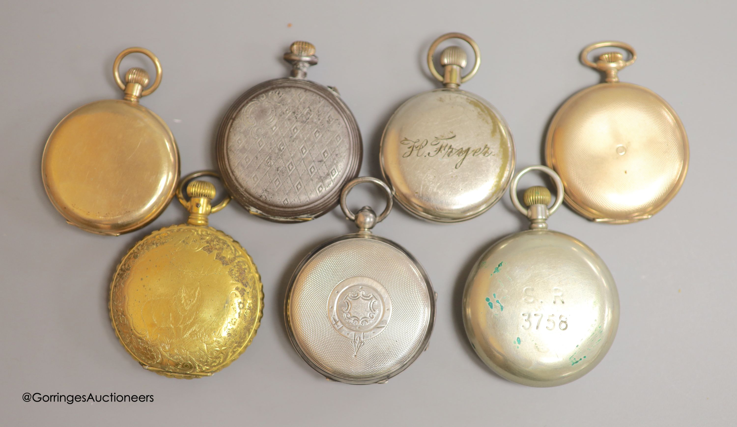Seven assorted pocket watches including a 9ct gold open face J.W. Benson pocket watch, gross weight 83.3 grams, a silver open face pocket watch by H. Samuel, Manchester and five other gold plated or base metal pocket wat